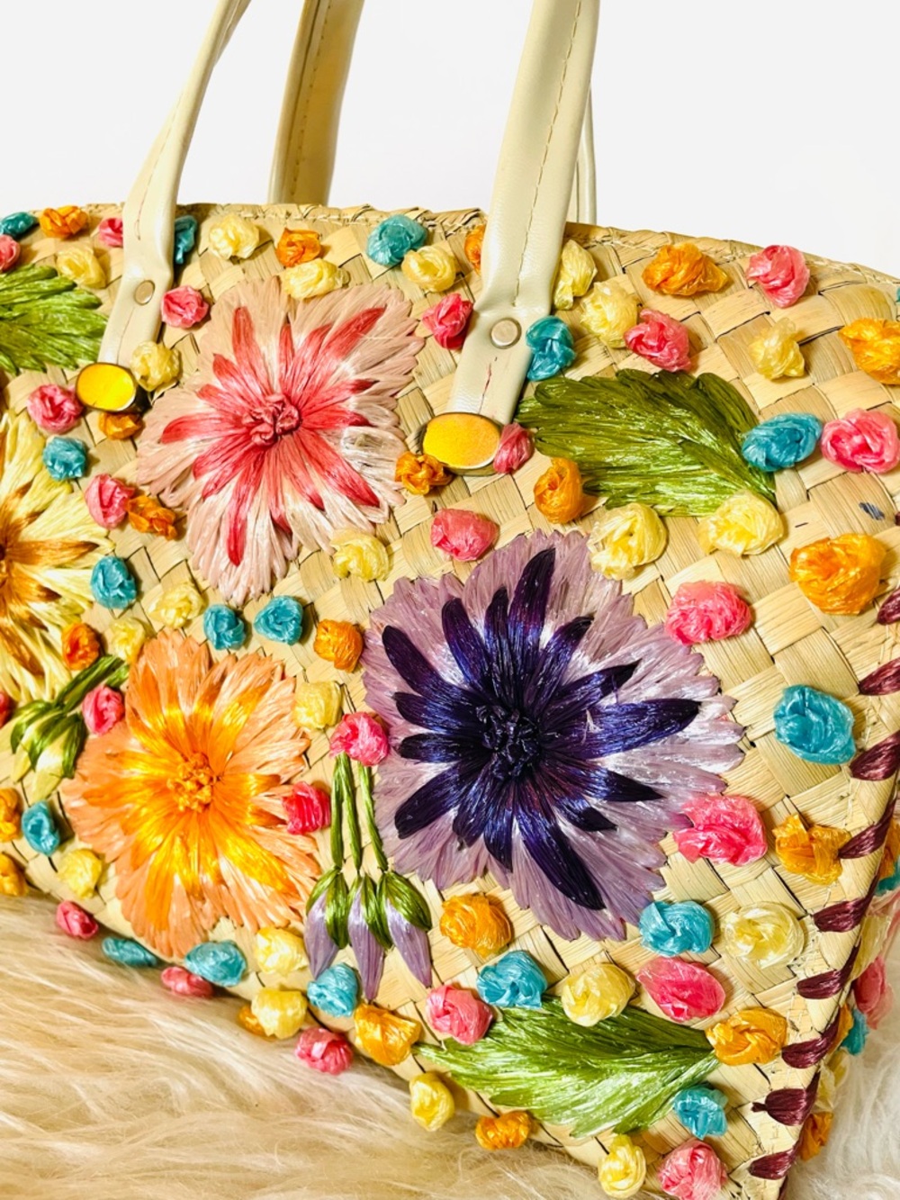 VTG Handbag Straw Raffia Floral Woven Bag Mid Century Philippines Colorful Purse